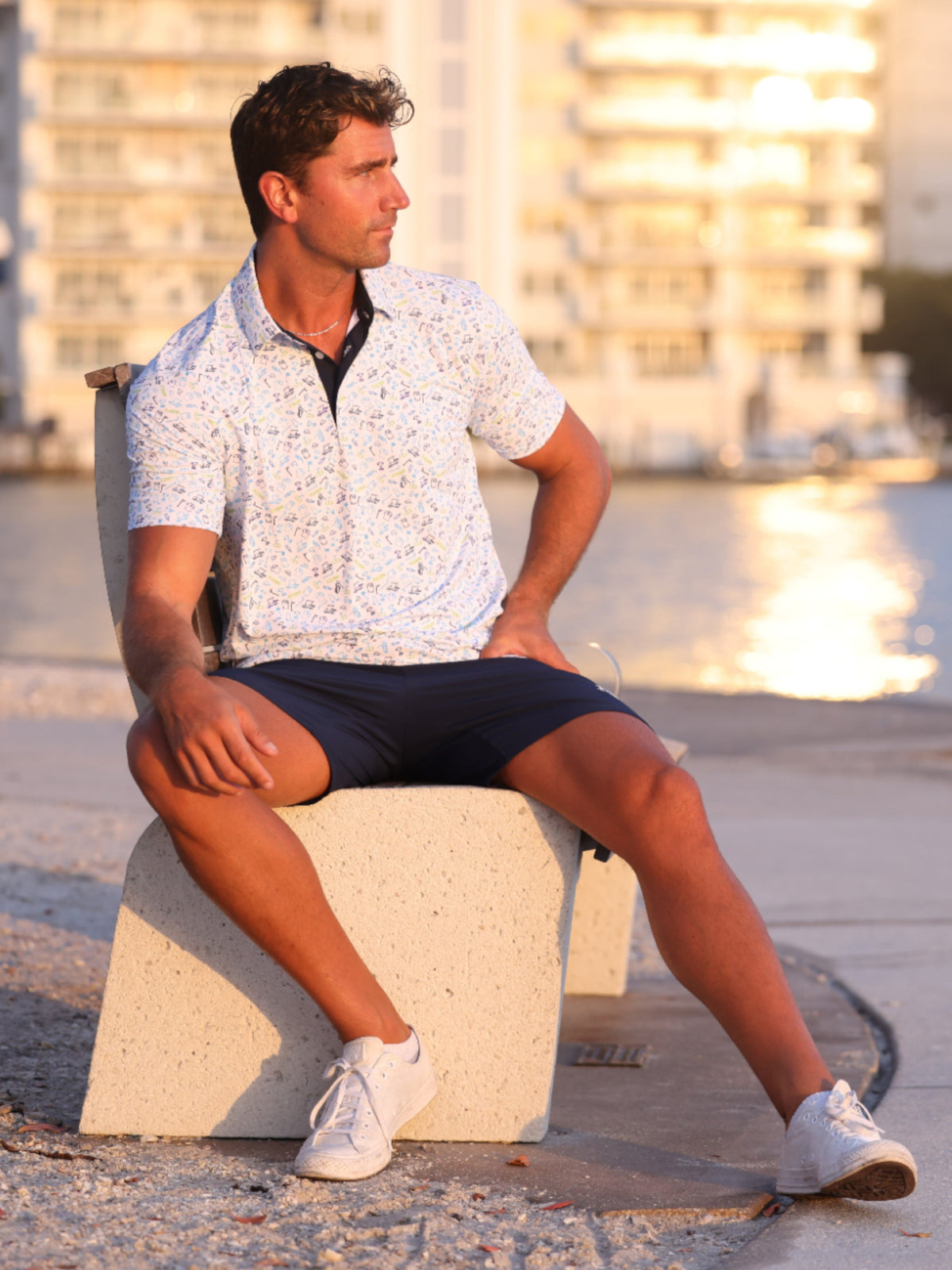 White Water Life Links Print Polo shirt showcasing a stylish polo with a printed design on the front, casual and comfortable for everyday wear.