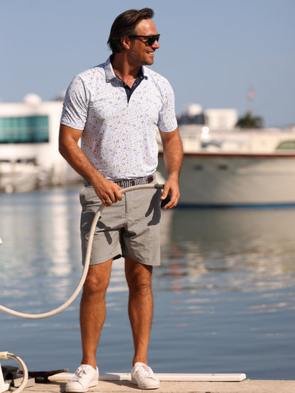 Gray Links Print Polo shirt by White Water Life with a subtle nautical pattern, displayed on a neutral background.