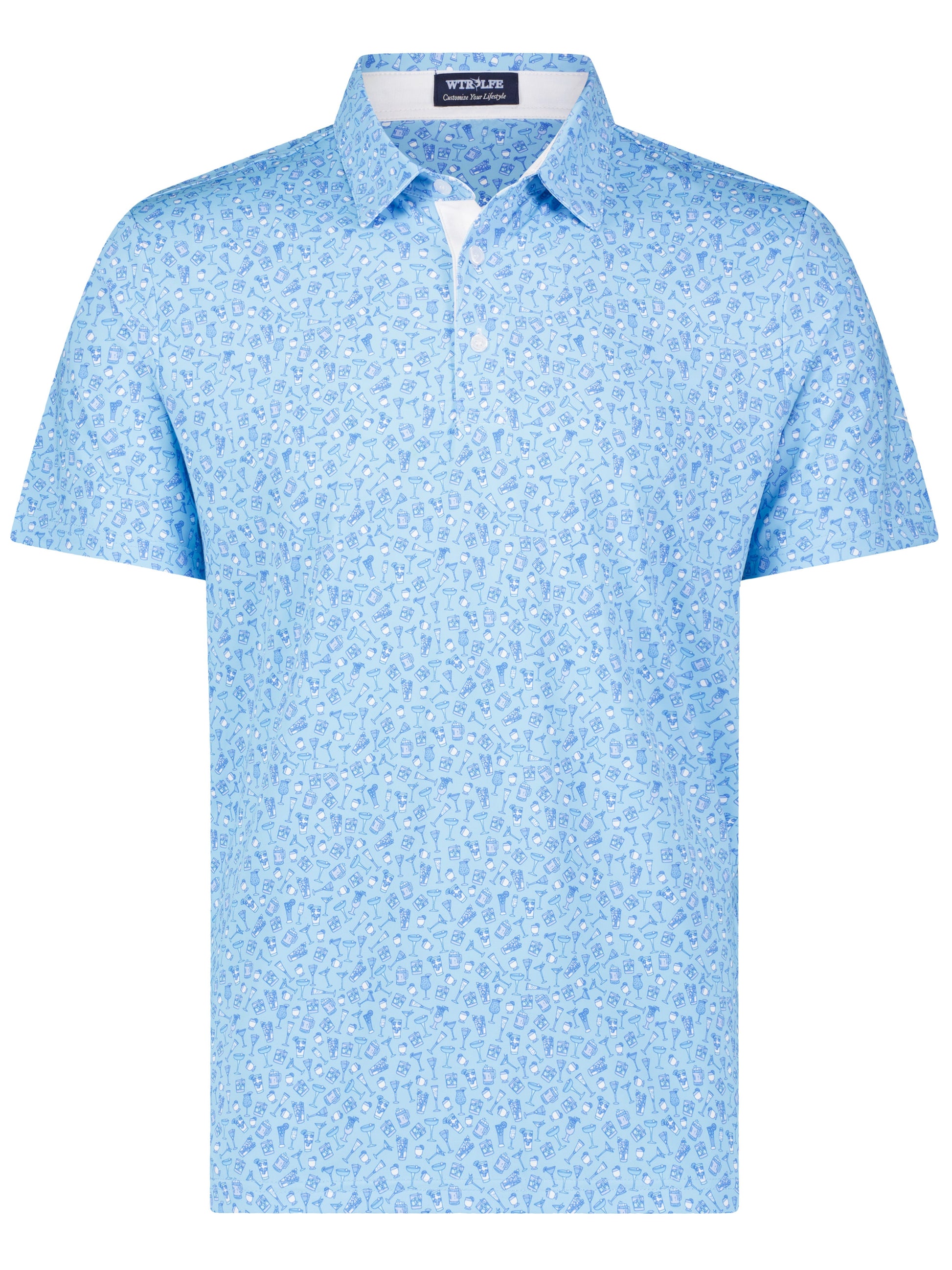 White Water Life Spirits Print Polo shirt featuring a colorful spirits and cocktail print on a classic polo style.