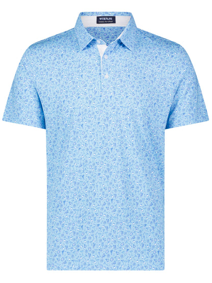 White Water Life Spirits Print Polo shirt featuring a colorful spirits and cocktail print on a classic polo style.