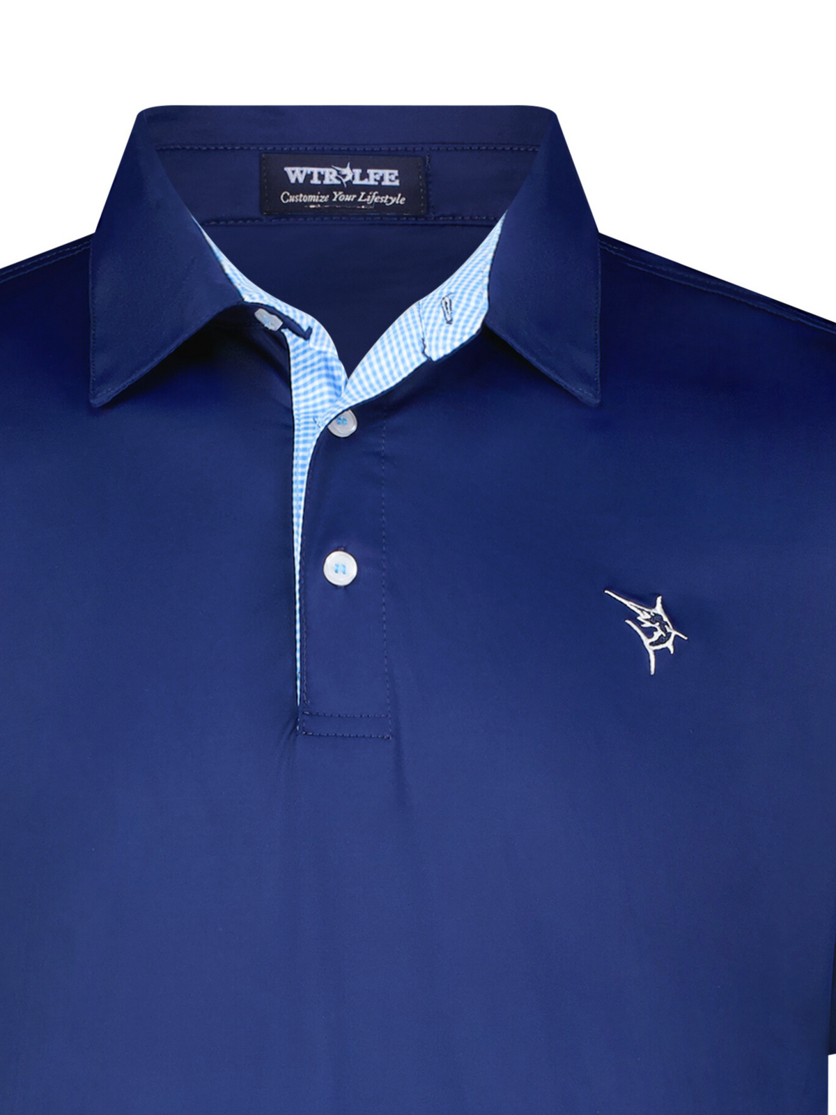 Close-up of White Water Life Coastline polo in navy, showing the collar, buttons, and fabric texture.