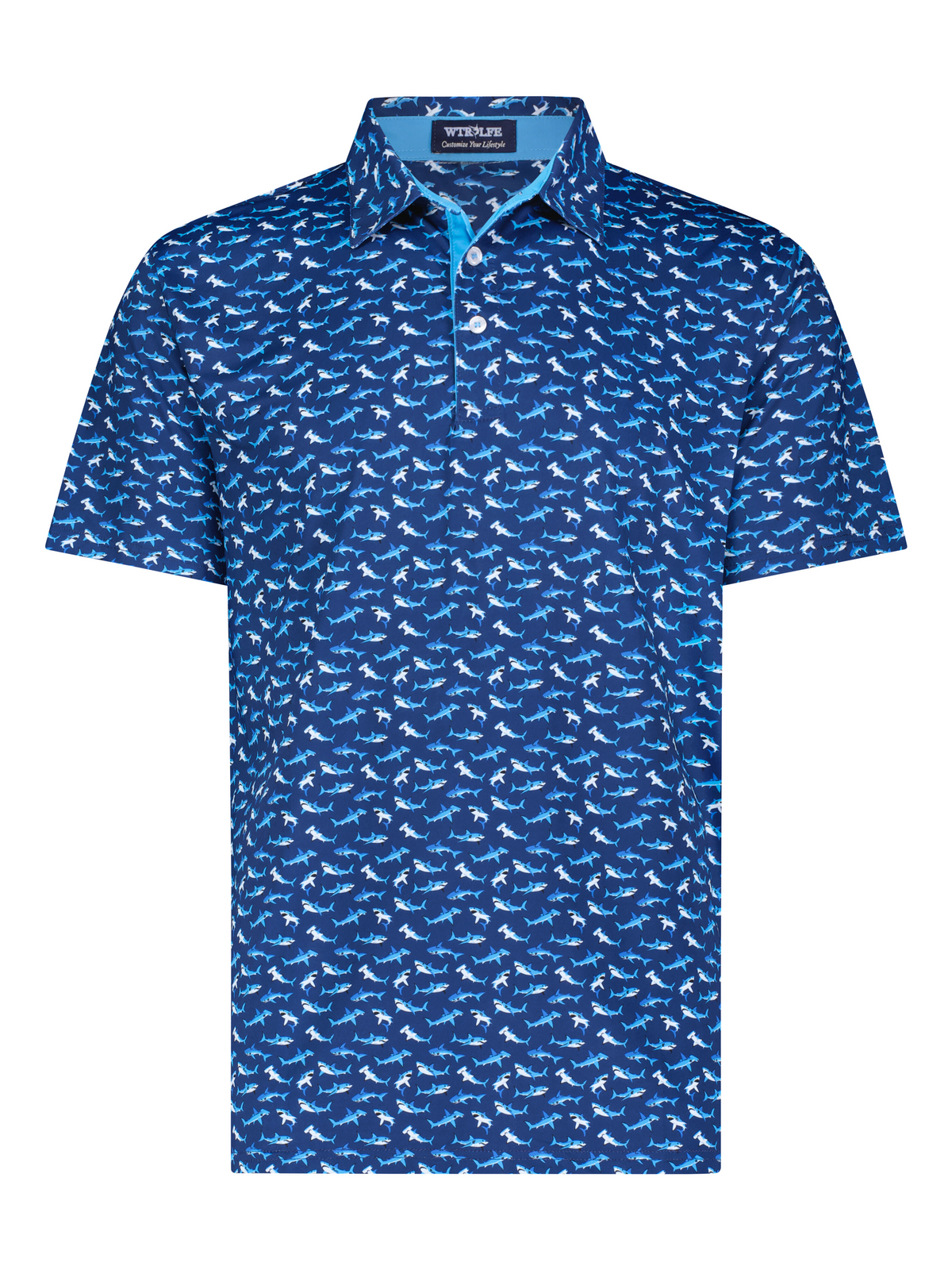 White Water Life Sharks Polo shirt featuring a shark graphic, classic polo design, and comfortable fit.