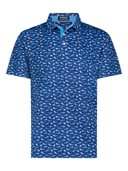 White Water Life Sharks Polo shirt featuring a shark graphic, classic polo design, and comfortable fit.
