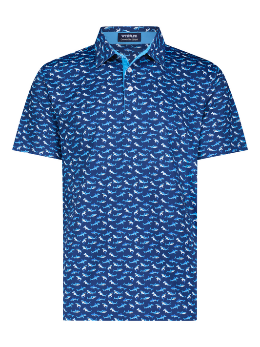 White Water Life Sharks Polo shirt featuring a shark graphic, classic polo design, and comfortable fit.