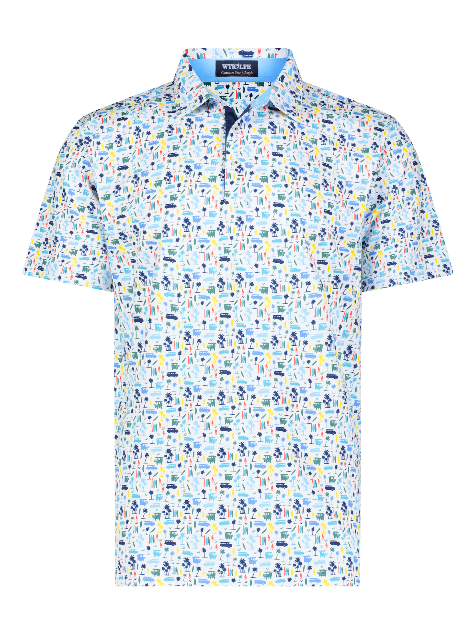 White Water Life Surfs Up Performance Polo, men's casual polo shirt in vibrant surf-inspired colors, classic fit and breathable fabric.