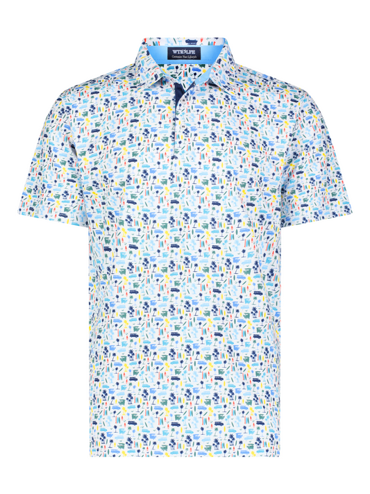 White Water Life Surfs Up Performance Polo, men's casual polo shirt in vibrant surf-inspired colors, classic fit and breathable fabric.