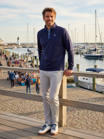 White Water Life Montauk navy and grey quarter zip midweight comfort shirt showing the front view.