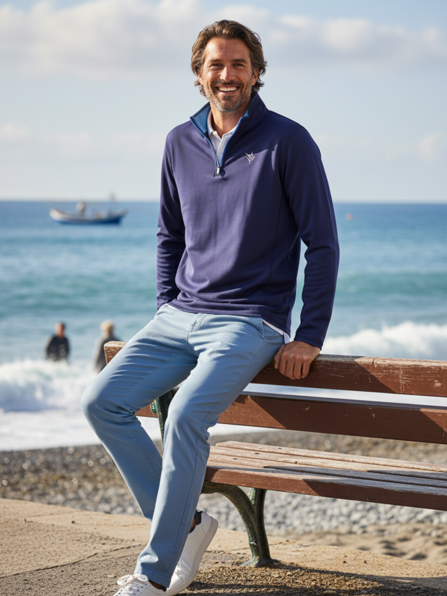 Navy White Water Life Montauk quarter zip midweight comfort jacket with stand collar and full zipper, outdoor casual style.