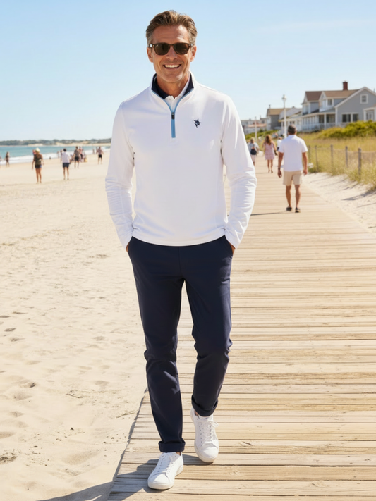 White Water Life Montauk Quarter Zip Midweight Comfort shirt, white with a subtle boardwalk pattern, suitable for casual wear.