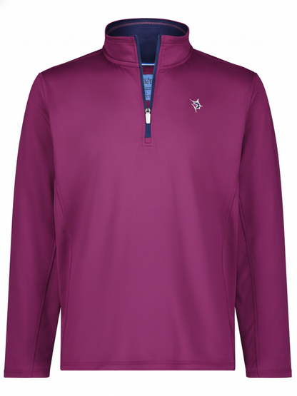 White Water Life Montauk quarter zip in plum, midweight comfort, shown on a model with a high collar and relaxed fit.