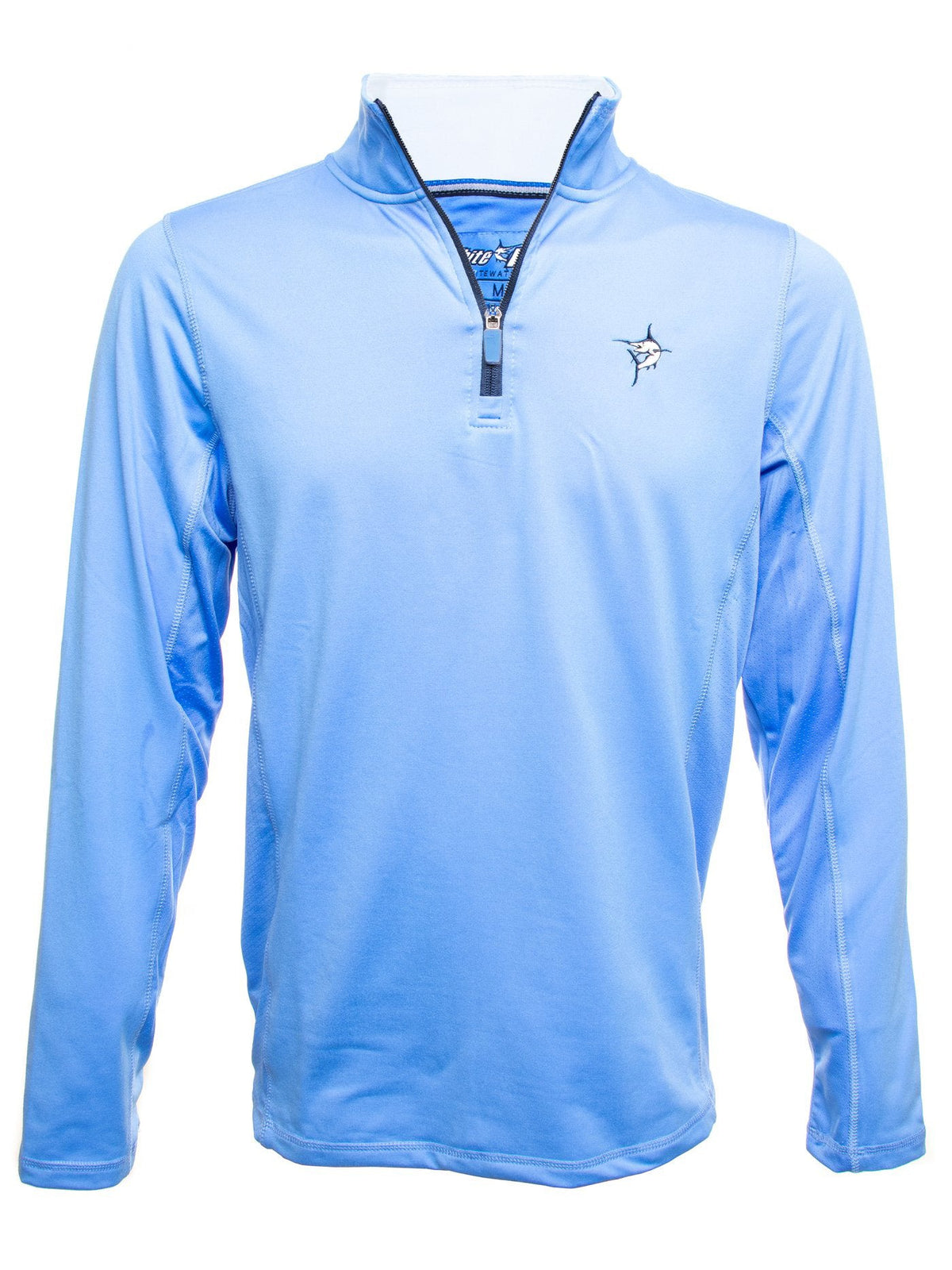 White Water Life Montauk quarter zip midweight comfort shirt displayed on a hanger, showcasing its fabric and design details.