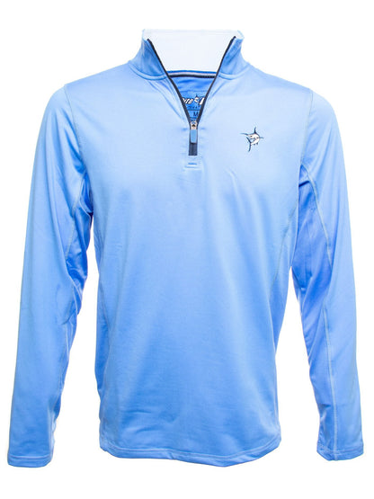 White Water Life Montauk quarter zip midweight comfort shirt displayed on a hanger, showcasing its fabric and design details.