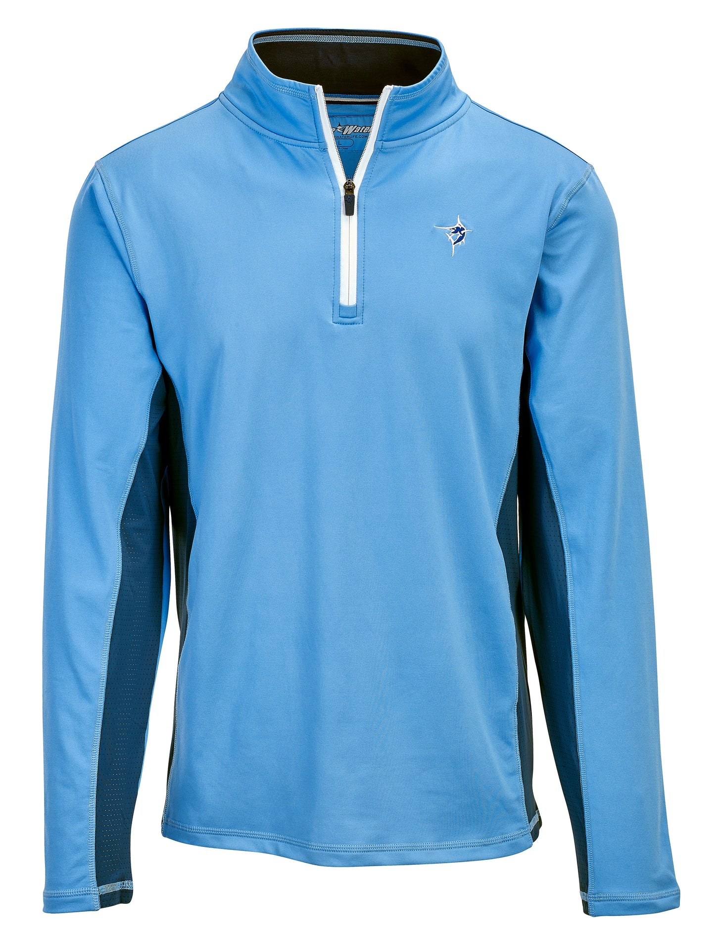 White Water Life Montauk quarter zip midweight comfort shirt in navy, showing the zipper detail and soft fabric texture.