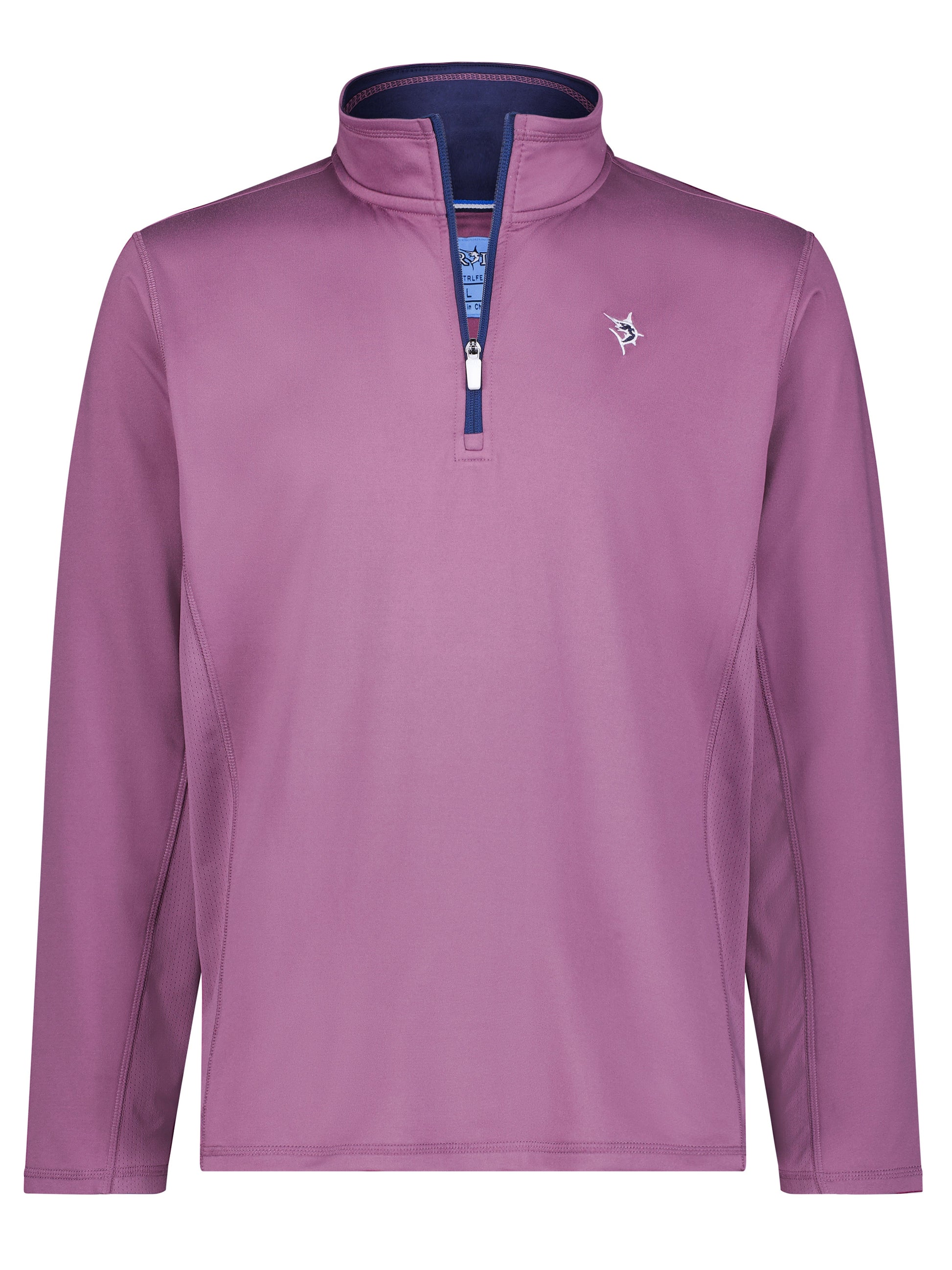 White Water Life Montauk quarter zip in plum, midweight comfort fleece, featuring a high collar and full zipper for casual wear.