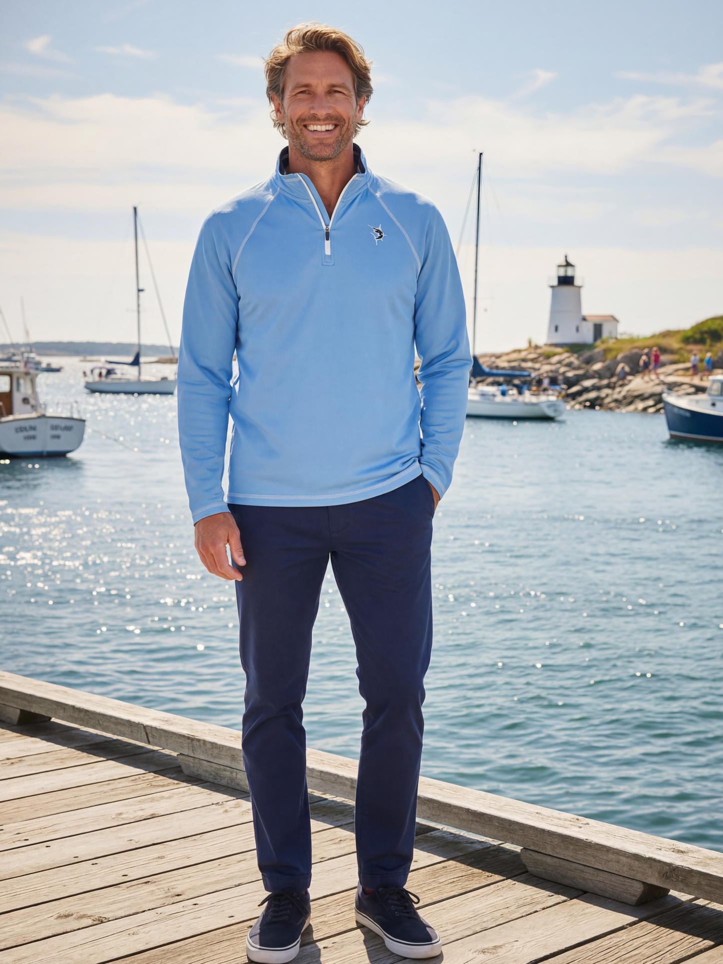 White Water Life New Harbor quarter zip sweatshirt with stitched detail, showcasing effortless comfort and casual style.