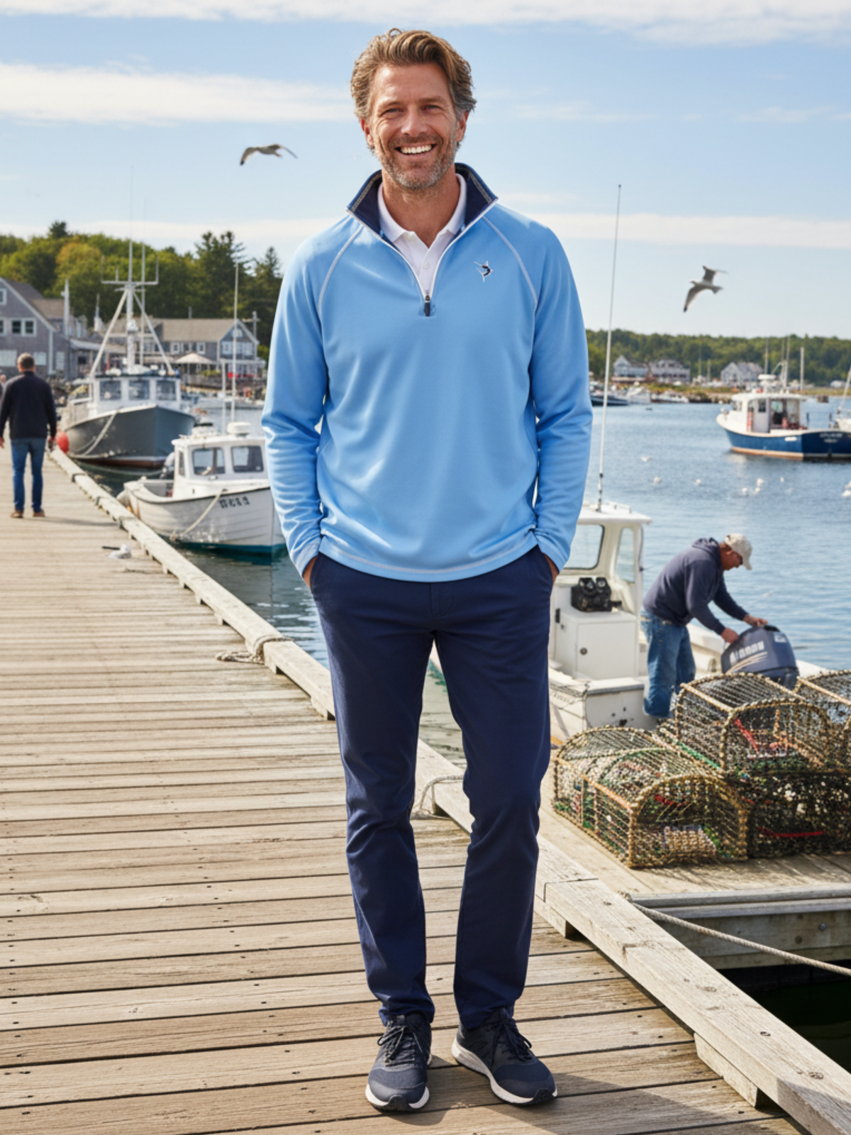 White Water Life New Harbor quarter zip sweatshirt with a relaxed fit and comfortable fabric, shown in a close-up view.