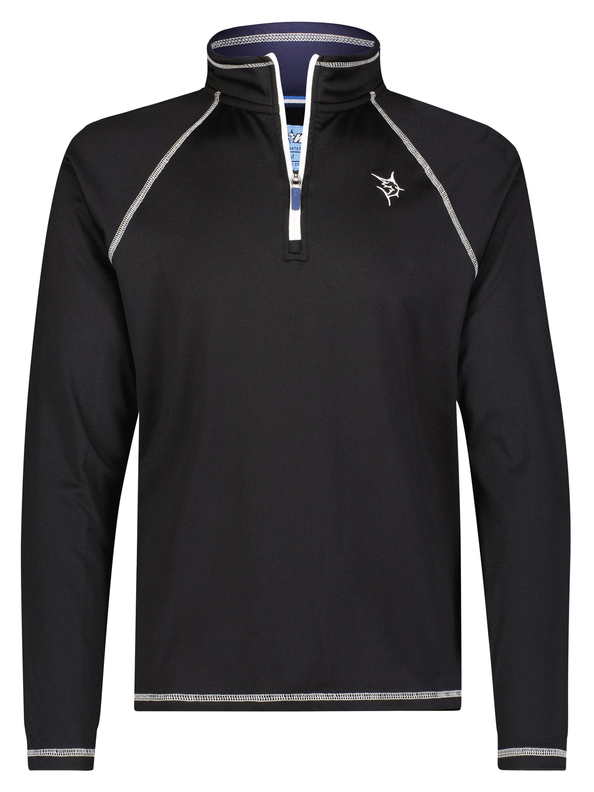 Black White Water Life Harbor quarter zip sweatshirt hanging on a display, showcasing its effortless comfort and casual style.