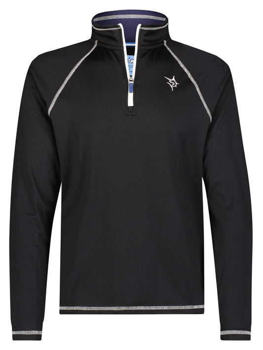 Black White Water Life Harbor quarter zip sweatshirt hanging on a display, showcasing its effortless comfort and casual style.