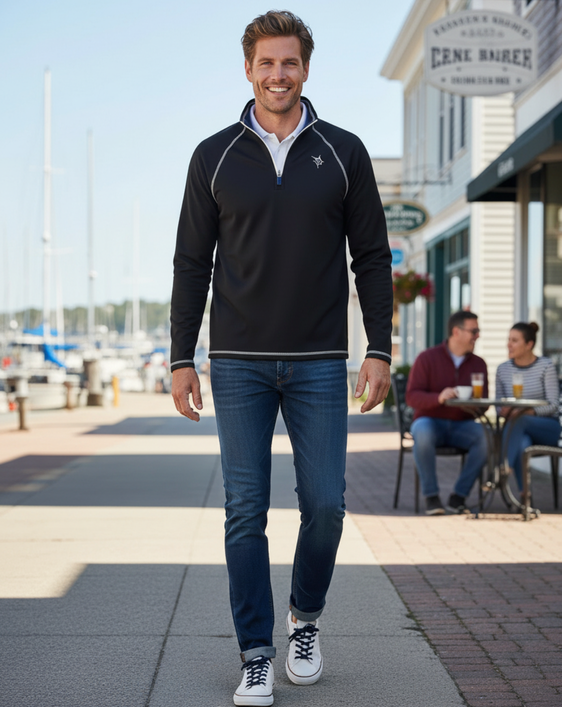 Black White Water Life New Harbor Quarter Zip in effortless comfort, featuring a sleek design and quarter-zip collar.