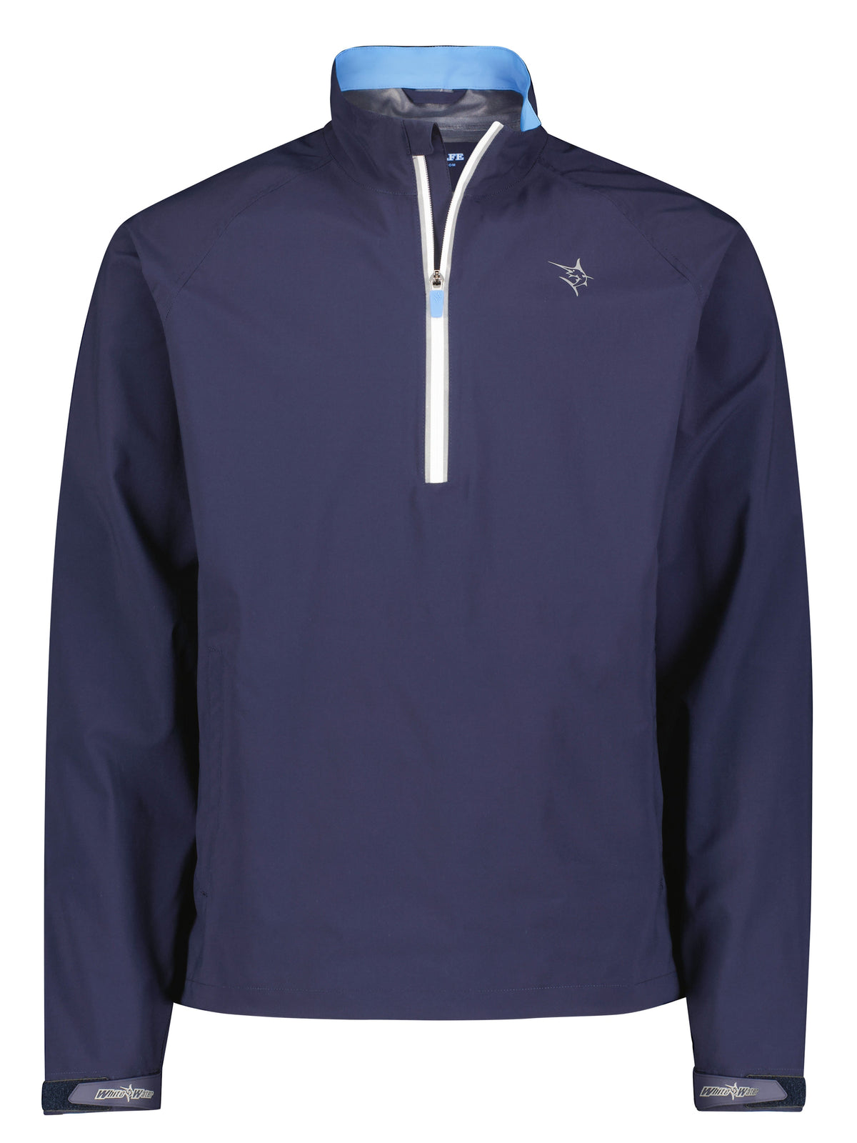 White Water Life Palm Beach waterproof quarter zip, navy blue, lightweight outdoor jacket with full front zipper and stand-up collar.