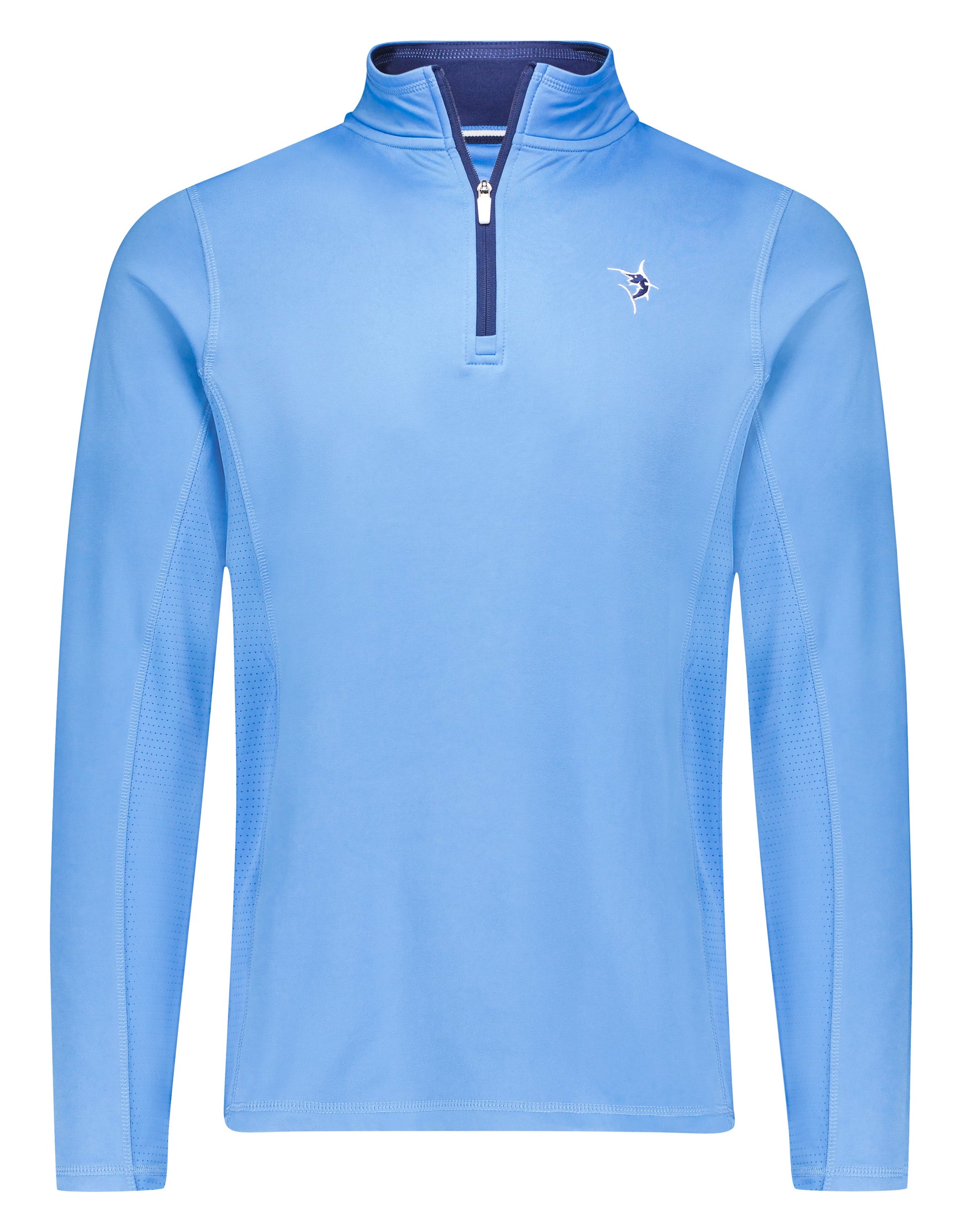 Light blue White Water Life Montauk quarter zip midweight comfort jacket, showing the soft fabric and collar details.