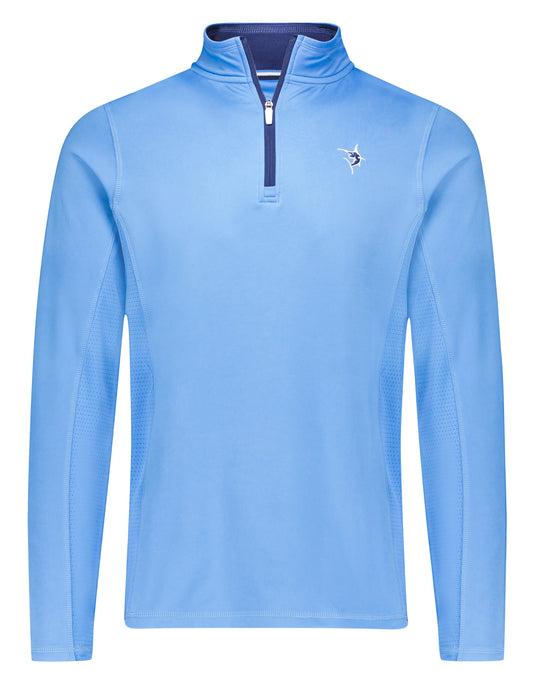 Light blue White Water Life Montauk quarter zip midweight comfort jacket, showing the soft fabric and collar details.