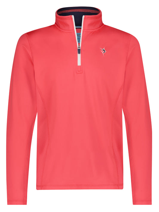 Red White Water Life Montauk quarter zip midweight comfort sweater, shown with a close-up of the fabric and zipper detail.