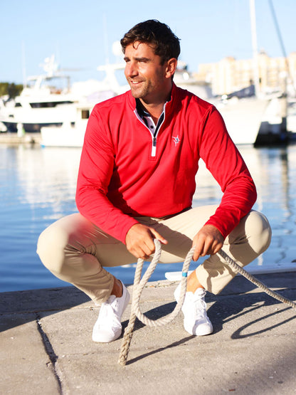 White Water Life Montauk quarter zip midweight comfort sweater, shown in a close-up image highlighting the fabric and design details.