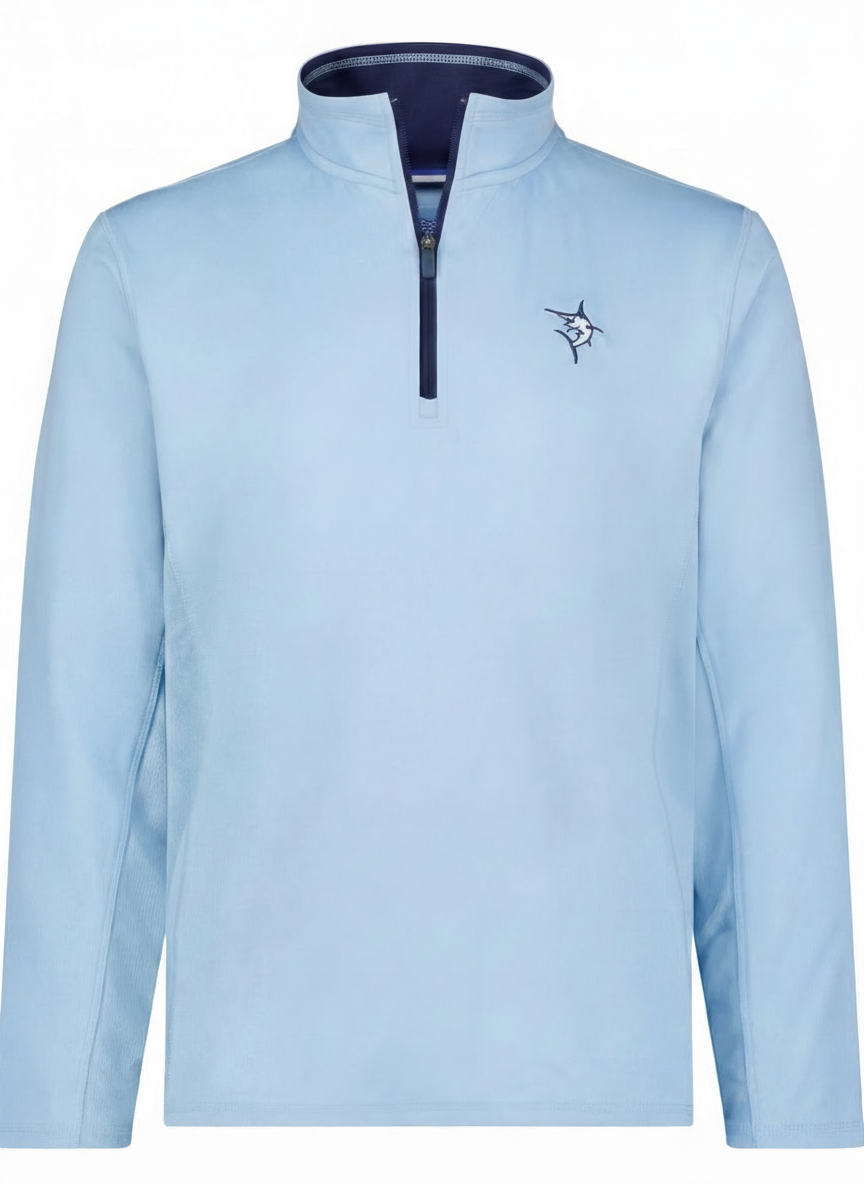 White Water Life Montauk quarter zip in pale blue and navy, midweight comfort shirt with a quarter-zip closure and soft fabric.