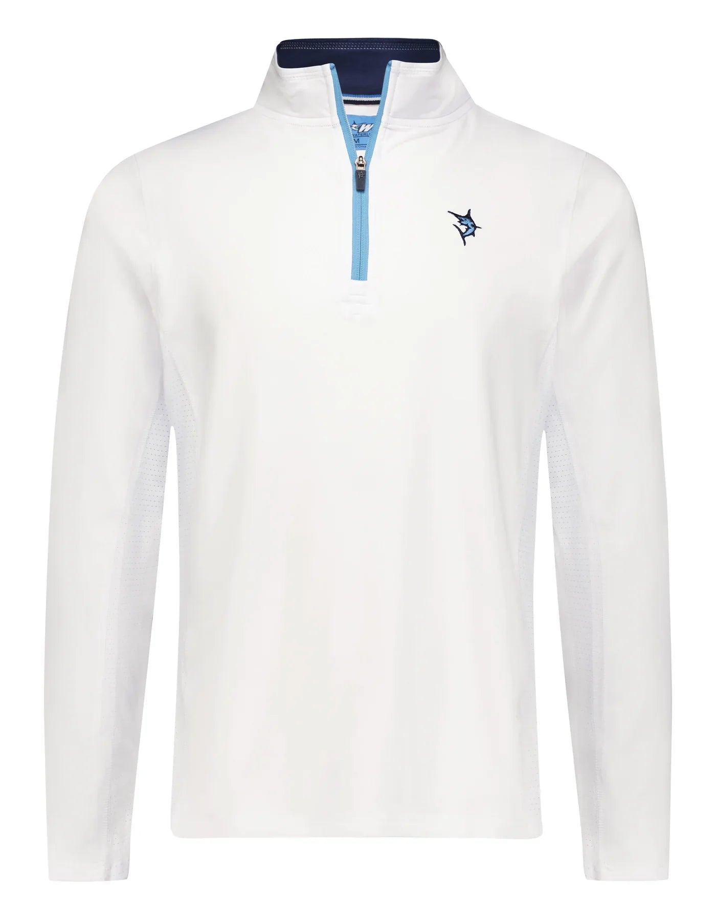 White Water Life Montauk quarter zip in white, midweight comfort fabric, featuring a high collar and full zipper for casual wear