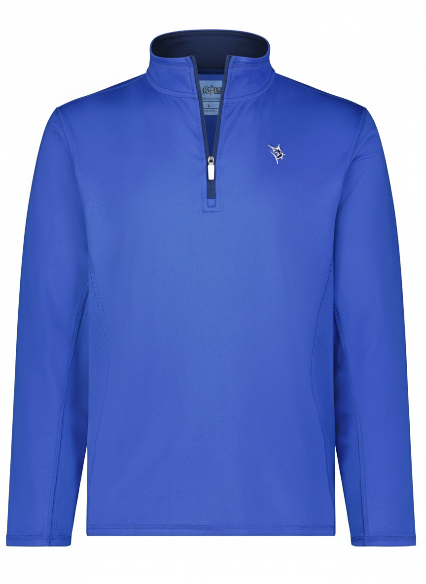Royal blue White Water Life Montauk quarter zip midweight comfort shirt displayed on a hanger.
