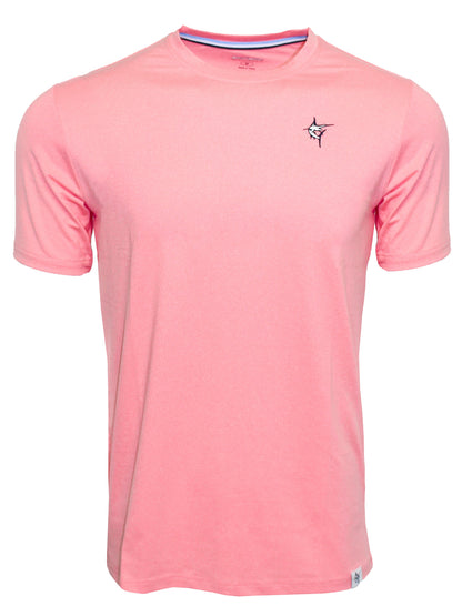 White Water Life Dockside Performance Tee, short sleeve men's shirt with a casual design, displayed on a hanger.