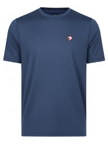 Navy short sleeve Dockside Performance Tee by White Water Life, casual crewneck shirt with logo detail on front.