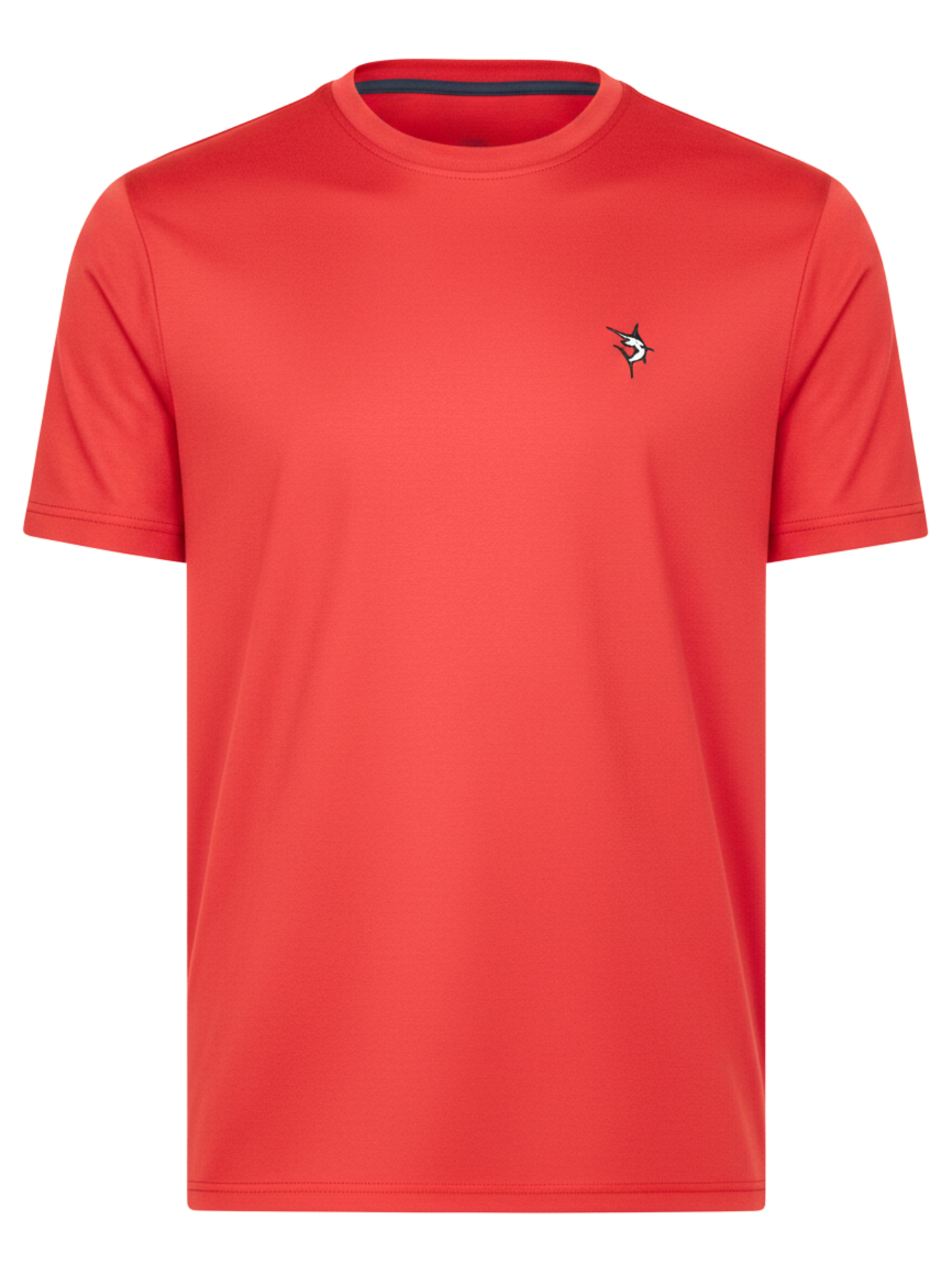 Red White Water Life Dockside Performance Tee, short sleeve shirt with a boat-themed design, displayed on a hanger.