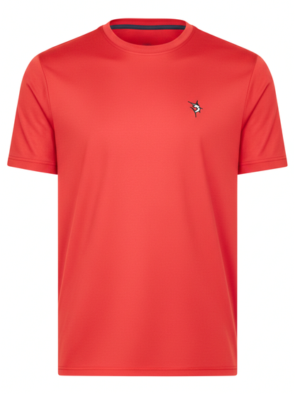 Red White Water Life Dockside Performance Tee, short sleeve shirt with a boat-themed design, displayed on a hanger.