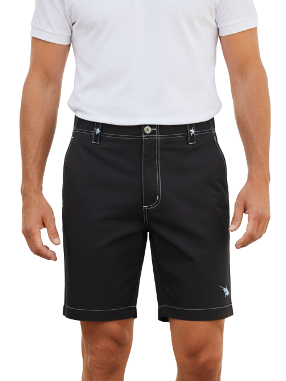 Black Starboard shorts by White Water Life featuring a comfortable fit and casual style, shown hanging on a display hanger.