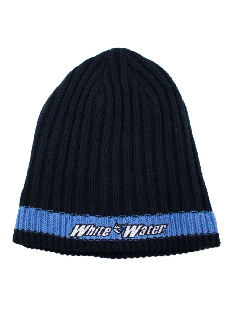 Navy Flemish Cap beanie hat by White Water Life, simple knit design, soft fabric, snug fit, suitable for cold weather.