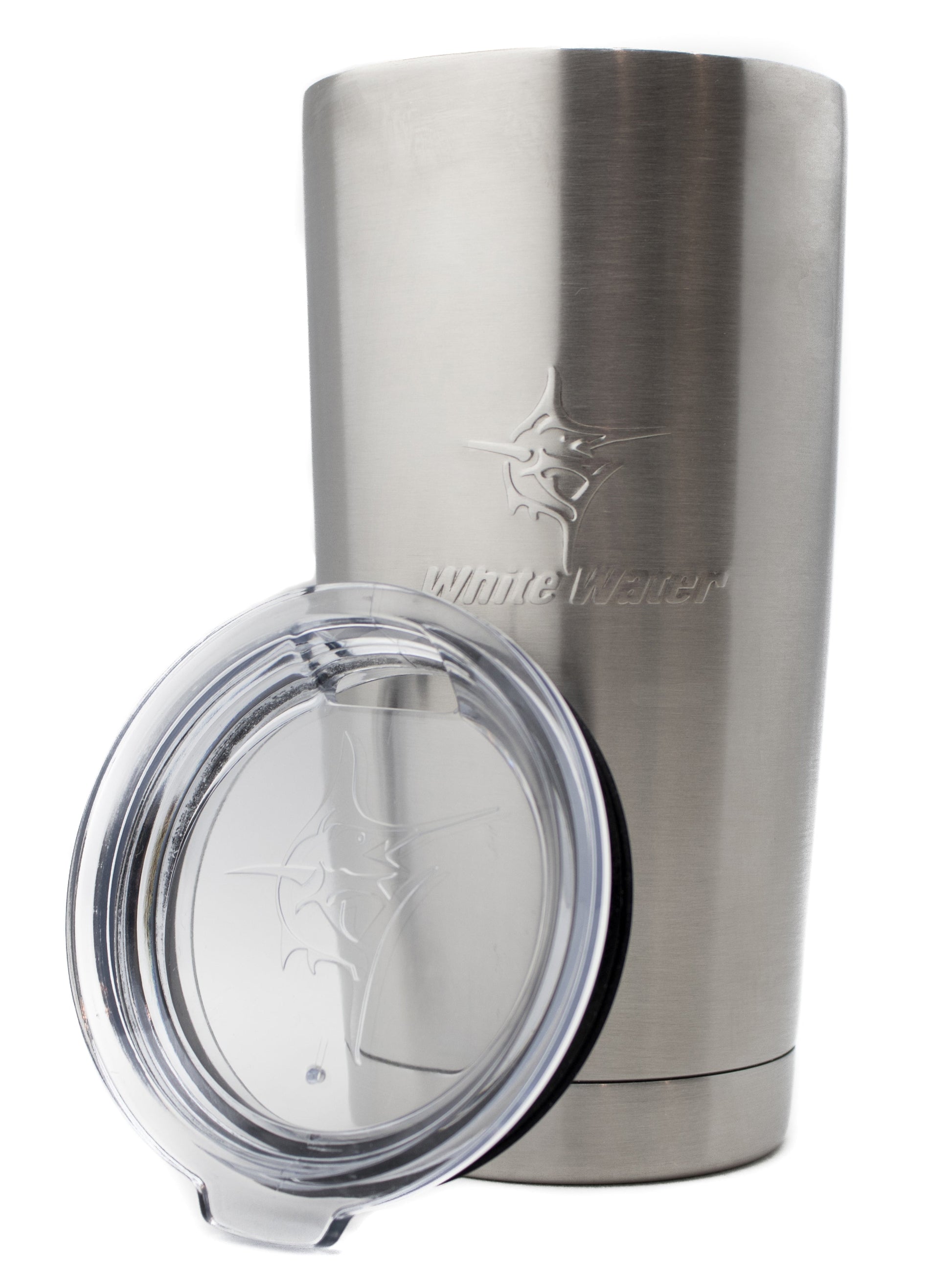 White Water Life 20 Ounce tumbler with a small lid, simple design, stainless steel body, and black lid for hot and cold drinks.