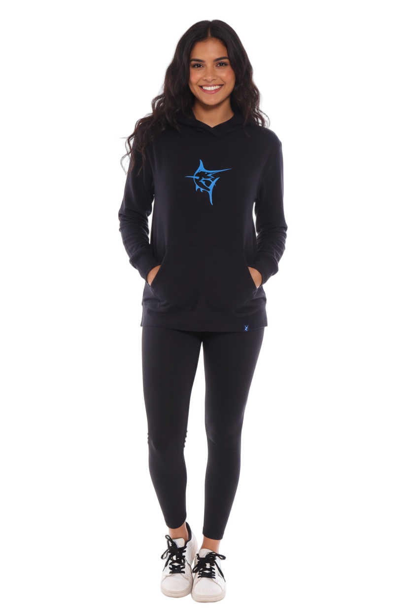 Black Marina Hoodie by White Water Life with front view, featuring a drawstring hood and casual fit.