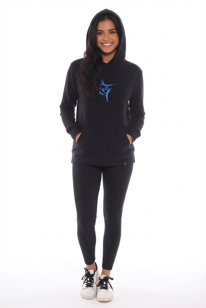 Black Marina hoodie by White Water Life displayed from the front, showing a casual fit and logo on the chest.