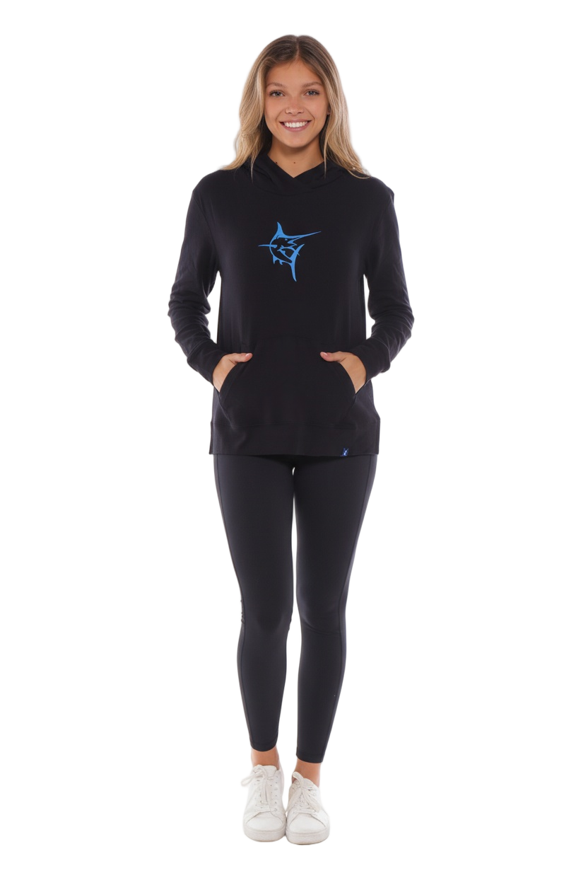 Black Marina Hoodie by White Water Life shown from the front, featuring a comfortable fit and casual style.