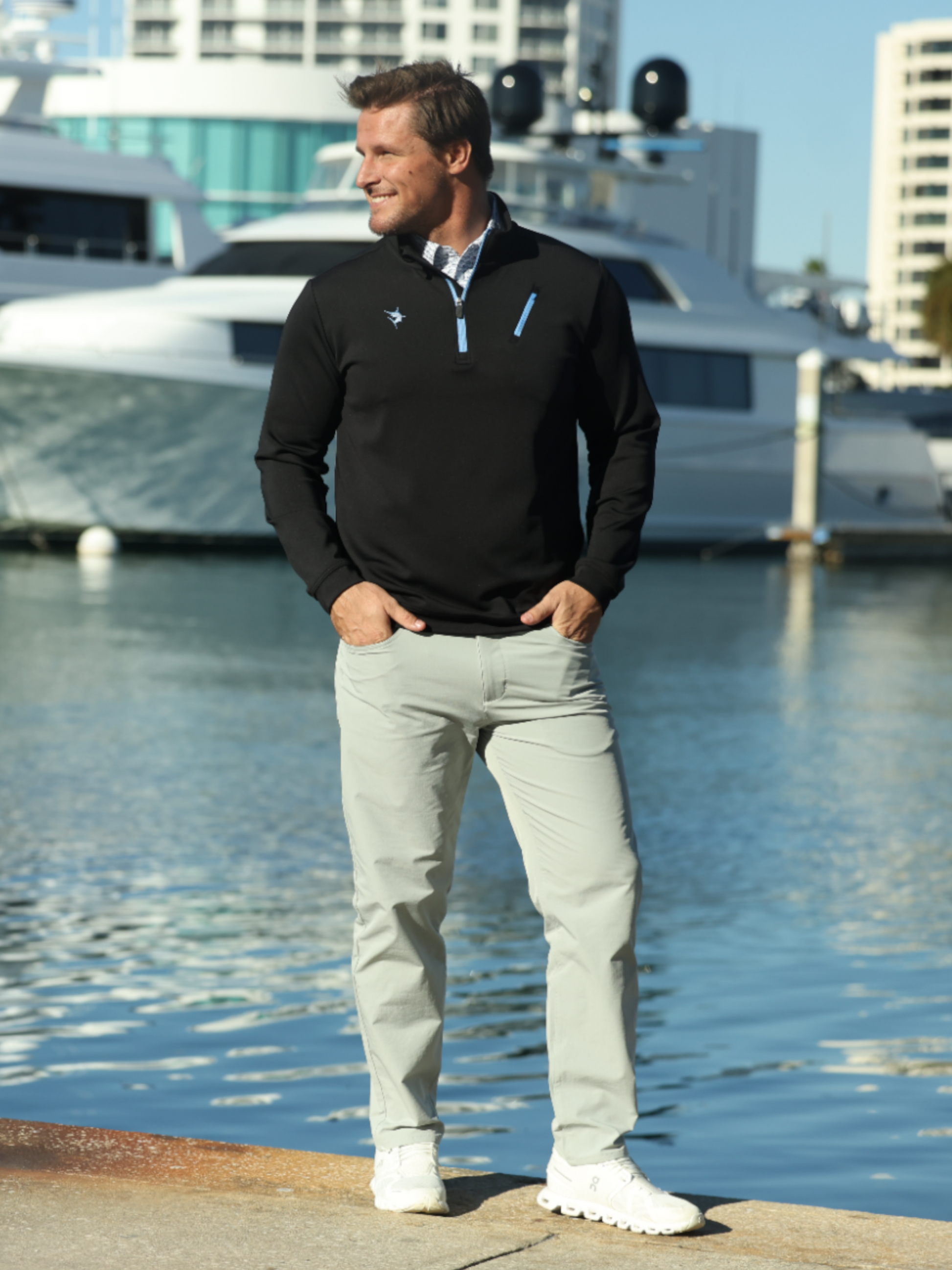 White Water Life Oceanside black pullover in smooth stretch fabric, showcasing a comfortable and stylish casual apparel piece.