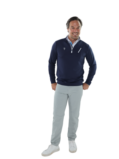 White Water Life Oceanside Pullover in smooth stretch fabric, shown on a model, highlighting its comfortable fit and casual style.