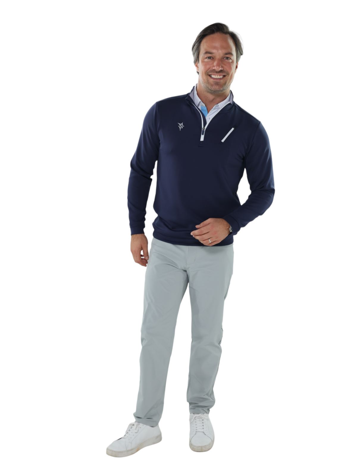 White Water Life Oceanside Pullover Smooth Stretch, a comfortable, fitted navy blue sweatshirt with a crew neck and long sleeves.