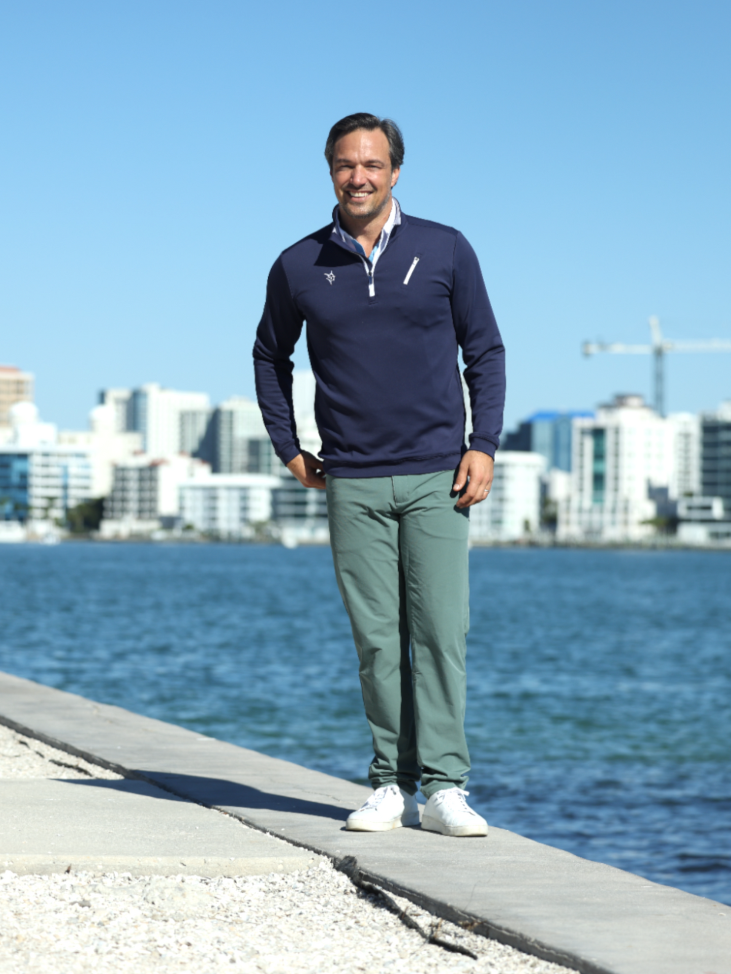 Navy blue Oceanside Pullover from White Water Life featuring smooth stretch fabric, casual fit, and a relaxed style.