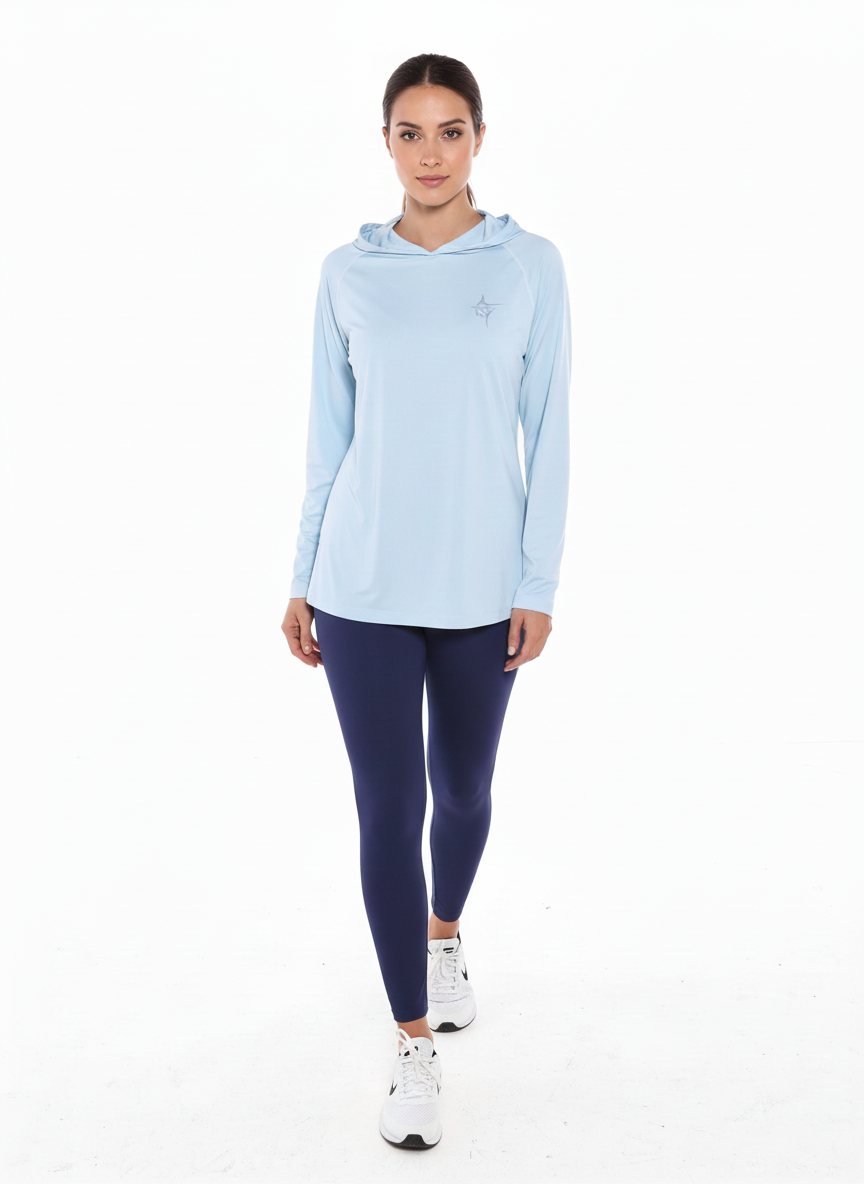 White Water Life Seaside Performance Hoodie in aqua, front view featuring a casual fit and seaside-inspired design.