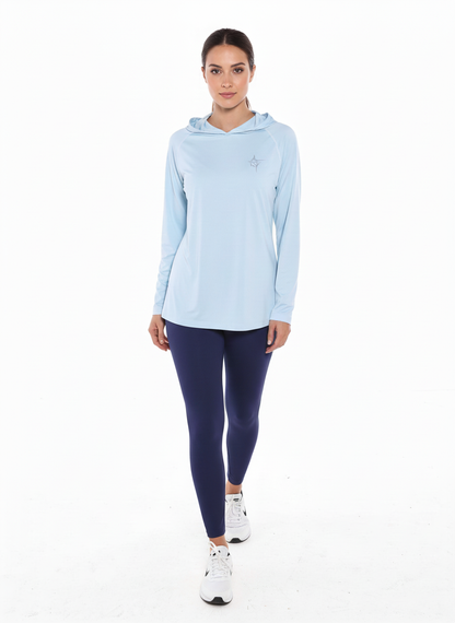 White Water Life Seaside Performance Hoodie in aqua, front view featuring a casual fit and seaside-inspired design.