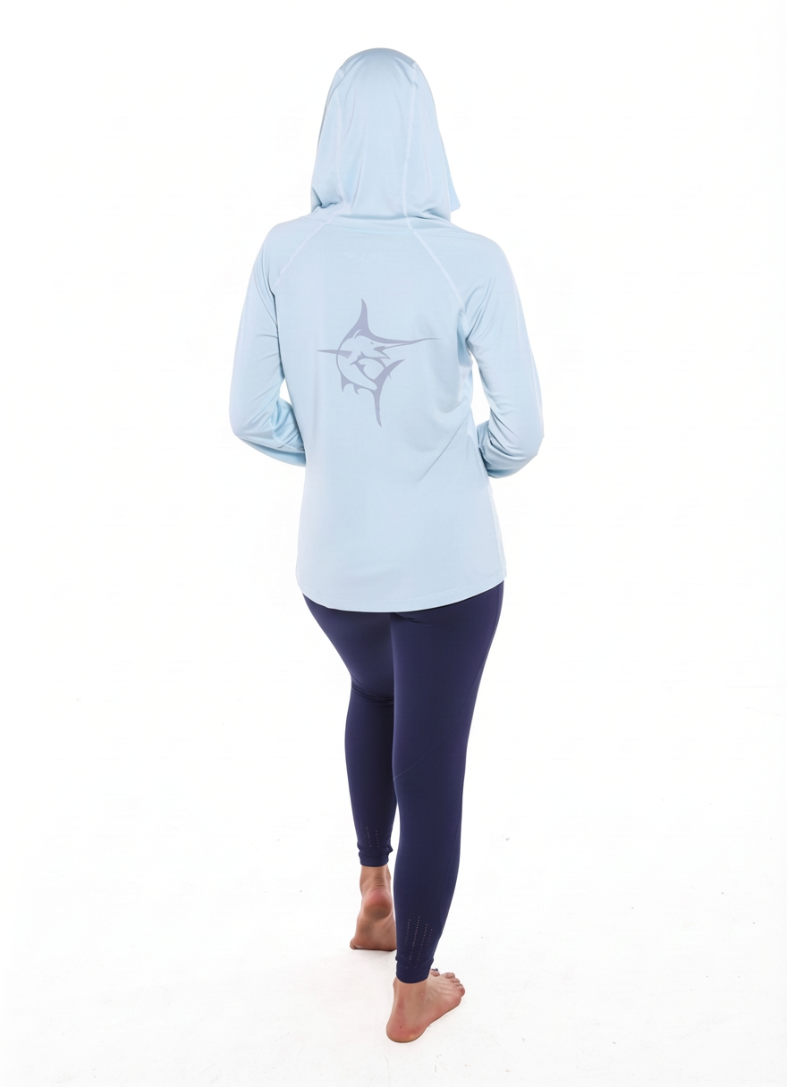 Seaside Performance Hoodie by White Water Life showing the aqua blue back with seaside graphic design.