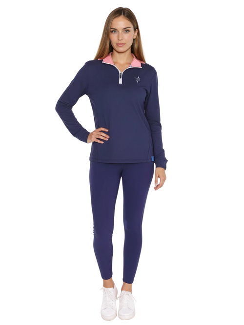 Navy women's Monterey quarter zip pullover by White Water Life, showing a close-up of the quarter zip and fabric texture.