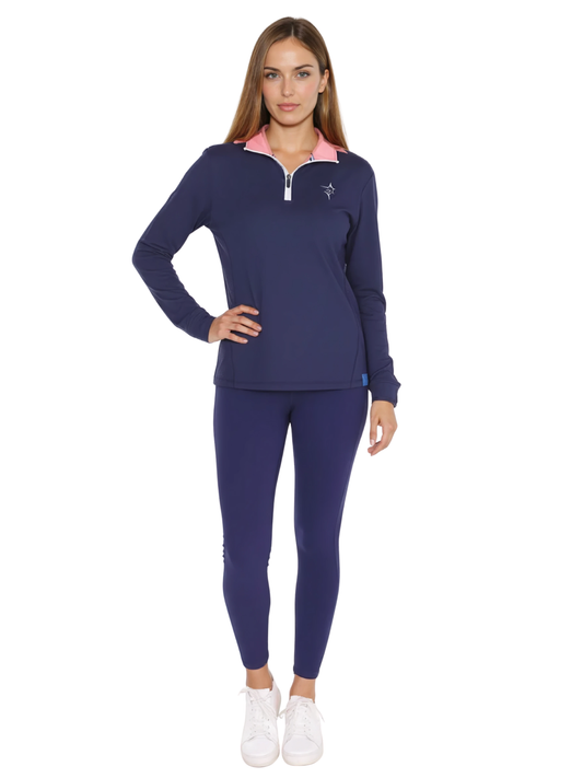 Navy women's Monterey quarter zip pullover by White Water Life, showing a close-up of the quarter zip and fabric texture.